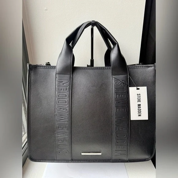 Steve Madden Black Large Tote Handbag with Strap and Pouch - NWT - Picture 1 of 6